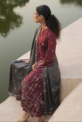 IMAGE - 3PC DHANAK EMBROIDERED SHIRT WITH DHANAK EMBROIDERED SHAWL AND TROUSER - HZG2544